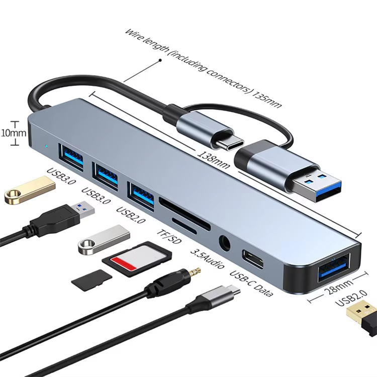 2 in 1 Dual Connector USB Hubs 8 in 1, USB 3.0 2.0 3.5mm Audio PD Charging SD TF Splitter Multiport Adapter Usb Hub 3.0